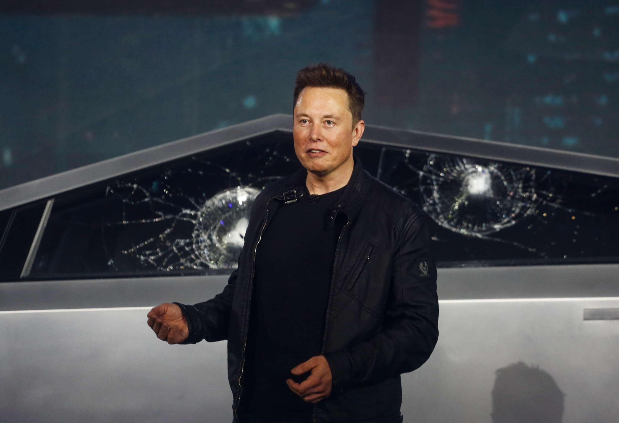 PHOTO: Tesla CEO Elon Musk introduces the Cybertruck at Tesla's design studio Thursday, Nov. 21, 2019, in Hawthorne, Calif.