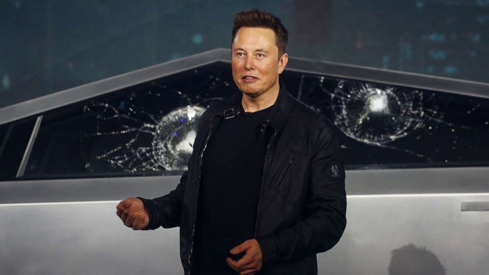 PHOTO: Tesla CEO Elon Musk introduces the Cybertruck at Tesla's design studio Thursday, Nov. 21, 2019, in Hawthorne, Calif.