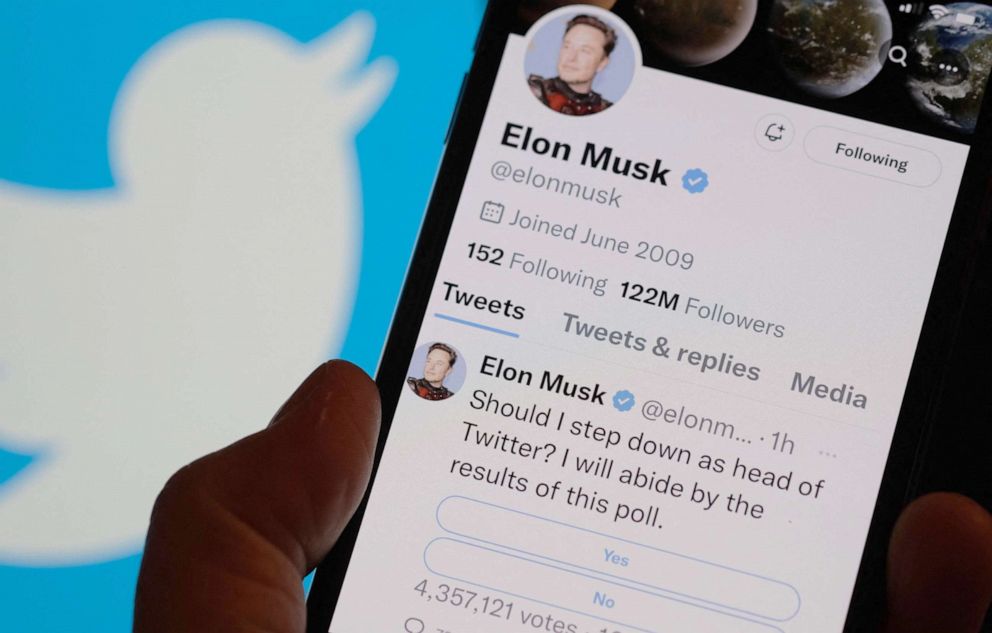 PHOTO: This photo illustration taken on Dec. 18, 2022 in Los Angeles shows a phone displaying Elon Musk's Twitter page where he is conducting a survey about his future as the head of the company.