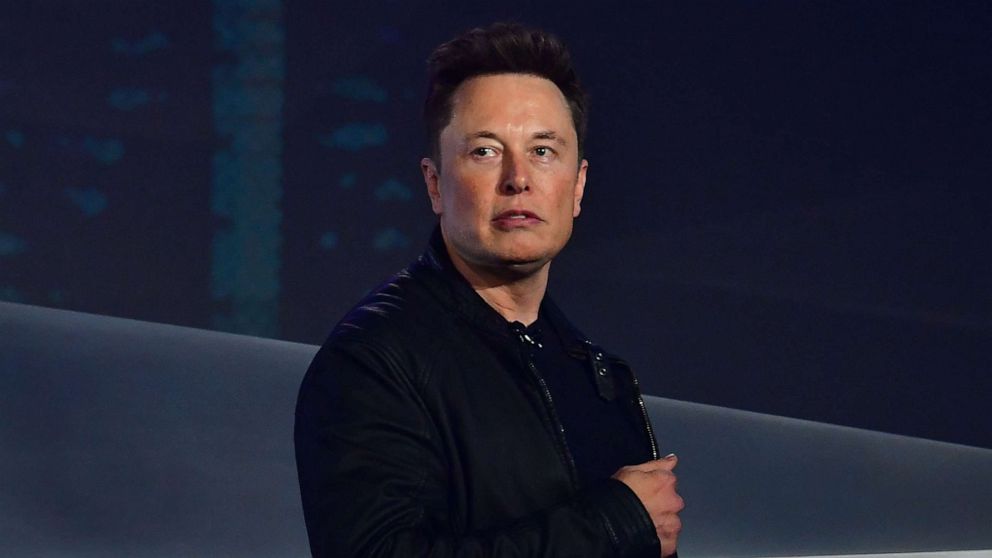 PHOTO: In this file photo taken on Nov. 21, 2019 Tesla co-founder and CEO Elon Musk introduces the newly unveiled all-electric battery-powered Tesla Cybertruck at Tesla Design Center in Hawthorne, Calif.