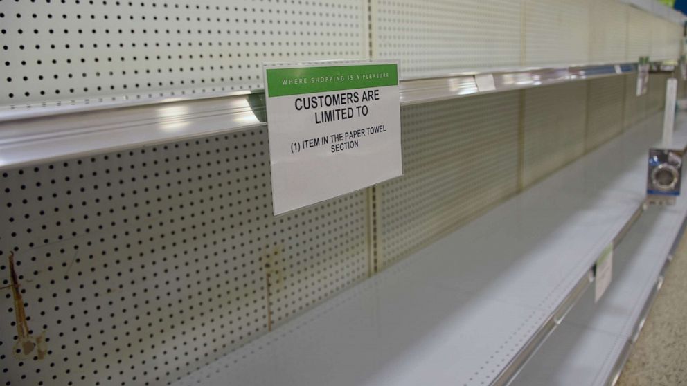 PHOTO: Empty paper towel shelves at Publix in Hallandale Beach in Miami, March 29, 2020.