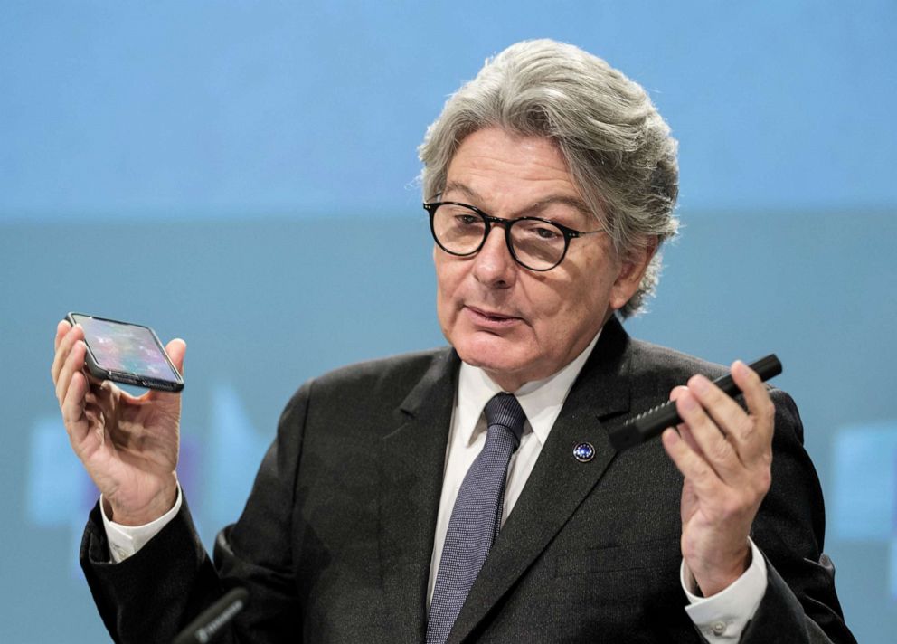 PHOTO: European Commissioner for Internal Market Thierry Breton speaks during a media conference on a common charging solution for mobile phones at EU headquarters in Brussels, Sept. 23, 2021