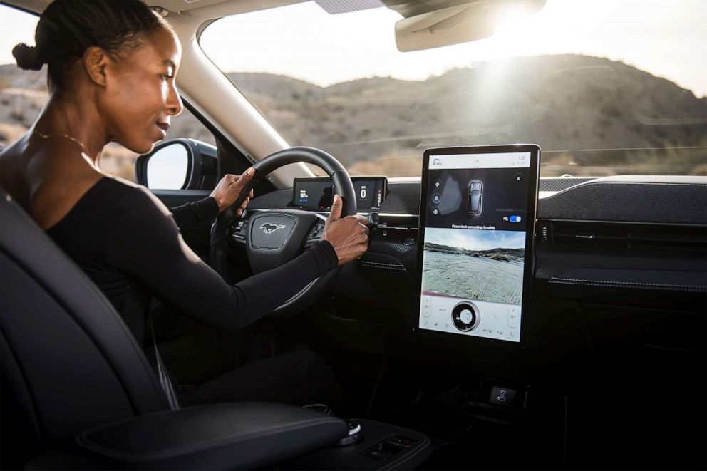 PHOTO: The cabin of the Ford Mustang Mach-E SUV largely consists of a massive 15.5-inch screen.