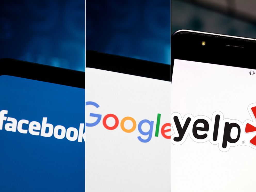 PHOTO: In these file photos, a Facebook logo, a Google logo, and a Yelp logo are seen on smartphones.