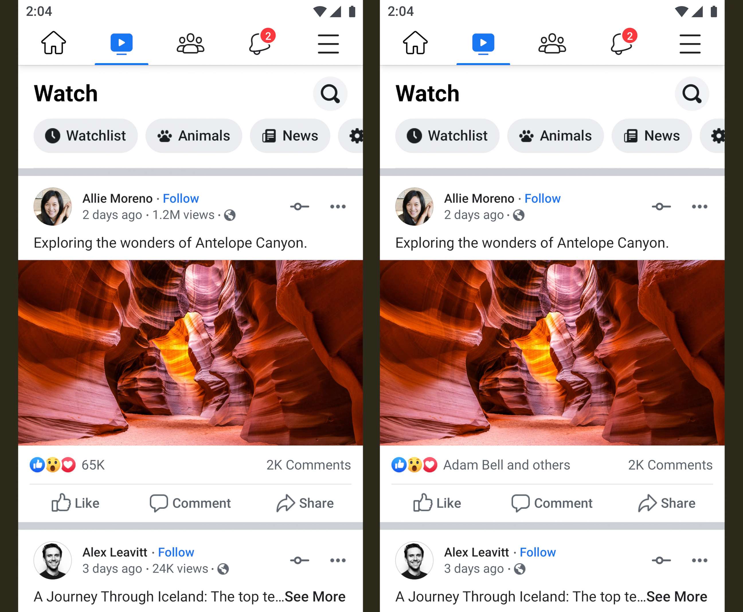PHOTO: Facebook is testing removing public visibility to like, reaction, and video view counts from organic posts (friends, family, pages, etc.) and ads. At left is a post showing 'likes' and right, is the same post with the data hidden.