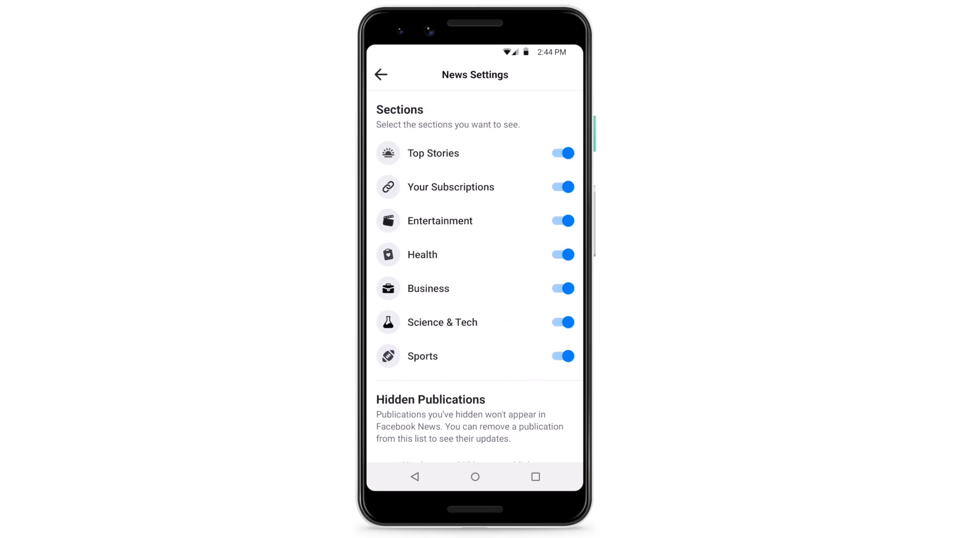 PHOTO: The Facebook News tab settings screen is demonstrated in a video released by Facebook on Oct. 25, 2019.