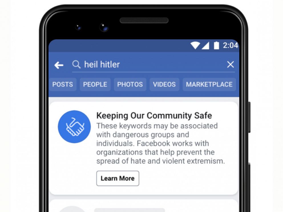 PHOTO: Facebook announced on March 27, 2019 that, searches for terms associated with white supremacy will surface a link to Life After Hates Page, where people can find support in the form of education, interventions, academic research and outreach.