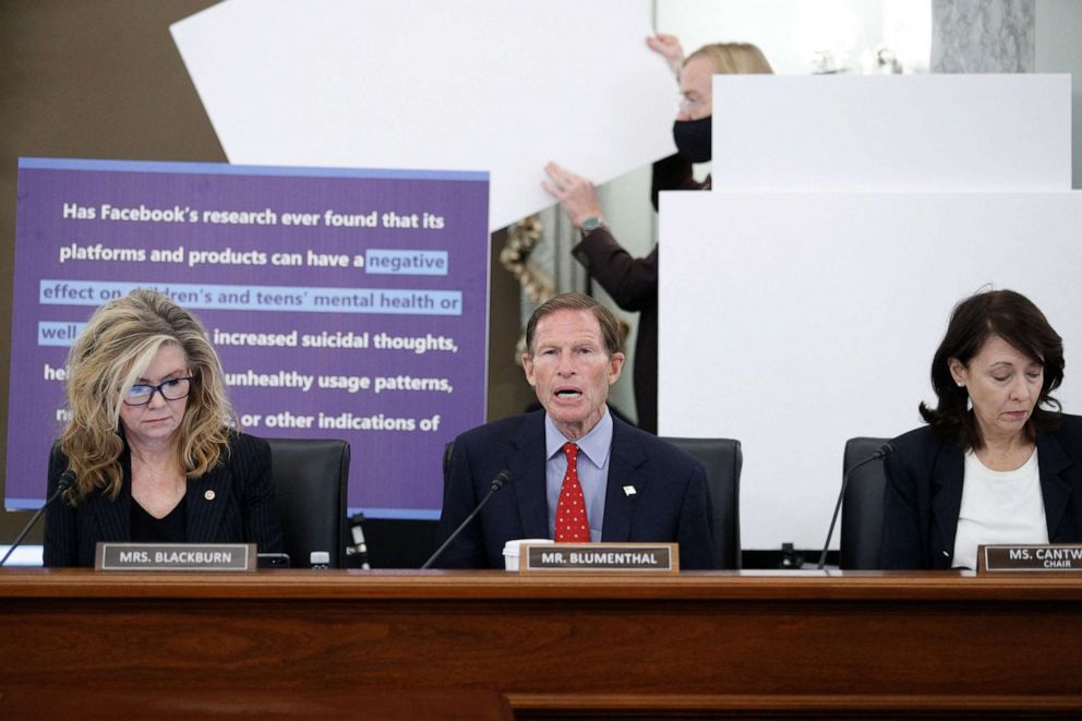 PHOTO: Senator Richard Blumenthal speaks as Facebook Global Head of Safety Director, Antigone Davis, testifies remotely before the Senate Subcommittee on Consumer Protection, Product Safety, and Data Security in Washington, D.C., Sept. 30, 2021.