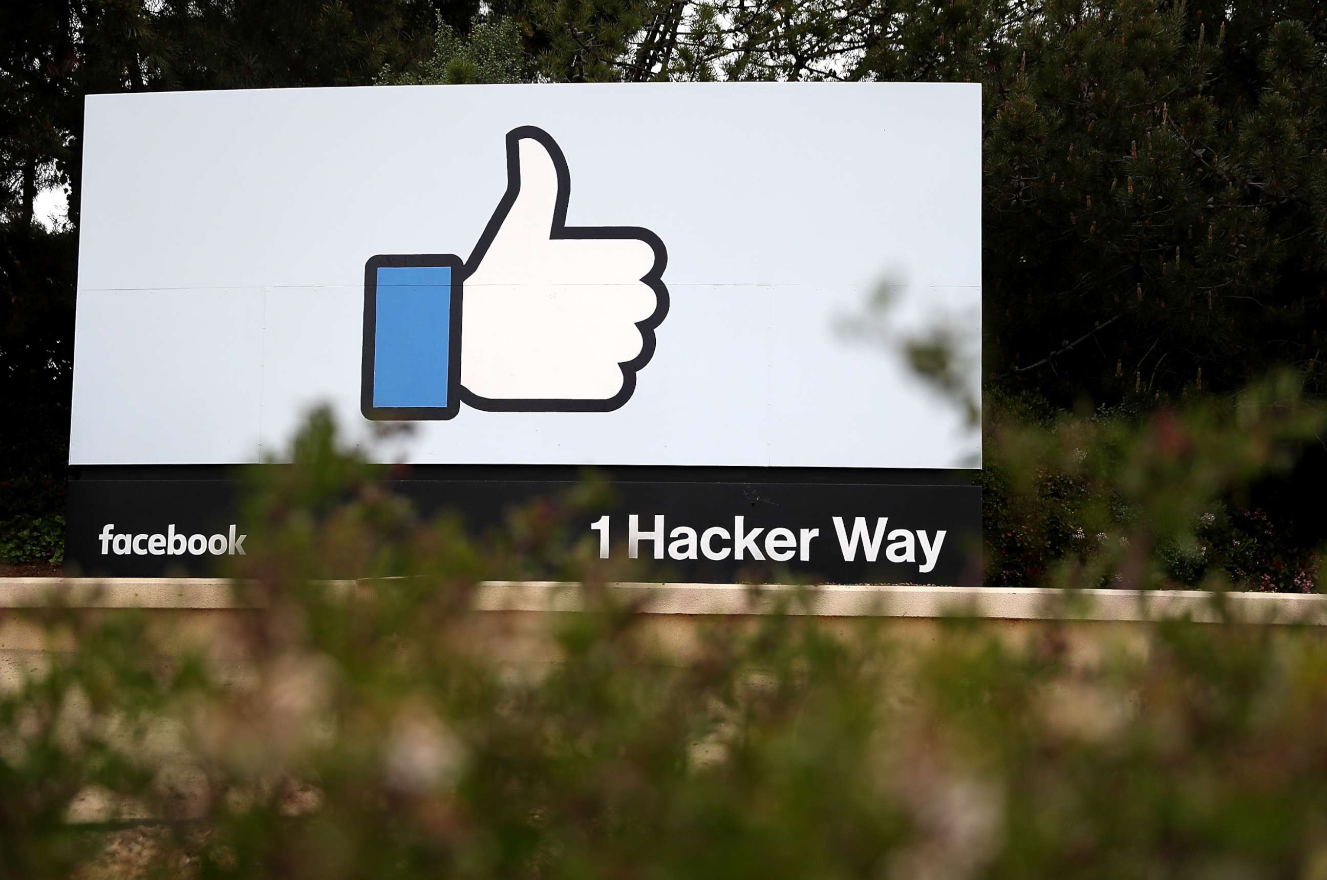 PHOTO: A sign with the Facebook "like" symbol is posted outside of Facebook headquarters on April 5, 2018, in Menlo Park, Calif.