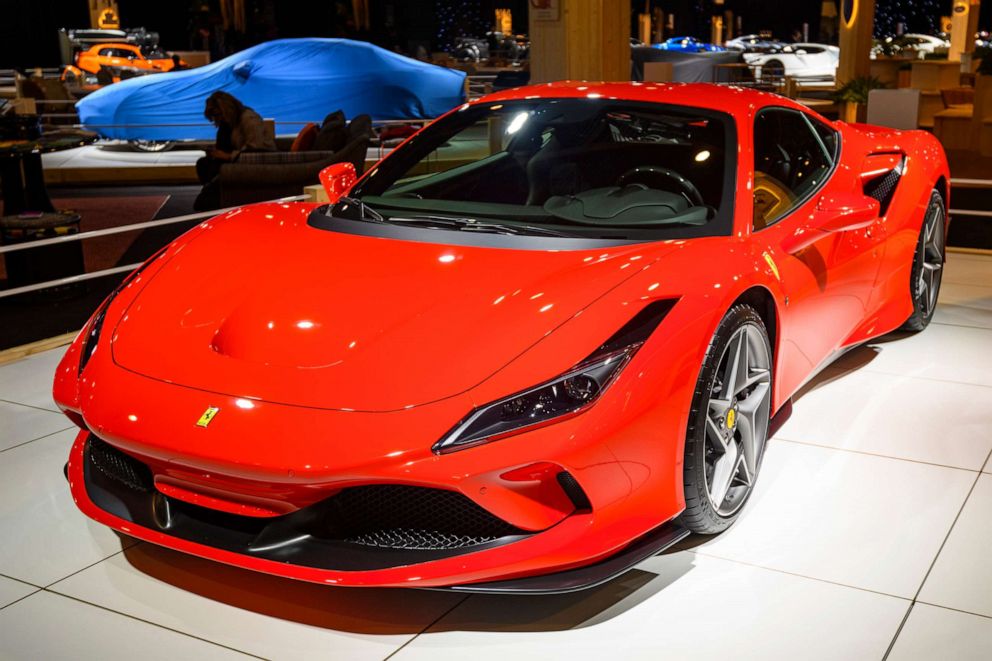 PHOTO: Ferrari F8 Tributo Italian mid-engine sports car is shown on display at Brussels Expo on Jan. 8, 2020, in Brussels, Belgium.