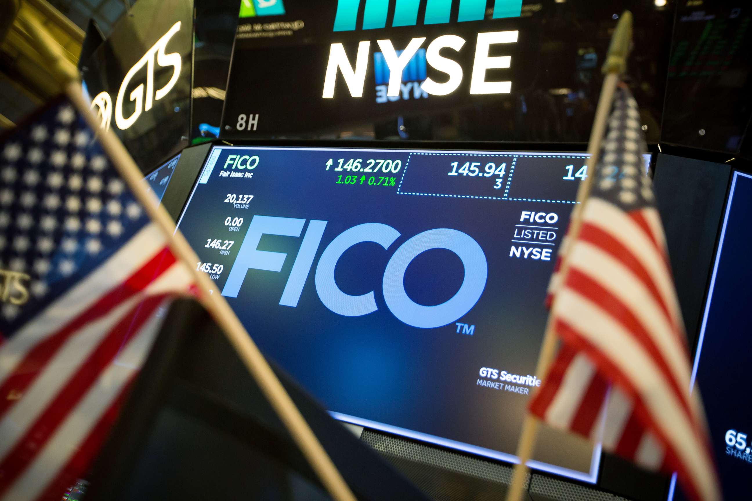 PHOTO: A monitor displays Fair Isaac Inc. (FICO) signage on the floor of the New York Stock Exchange (NYSE) in New York, U.S., on Friday, Oct. 20, 2017.