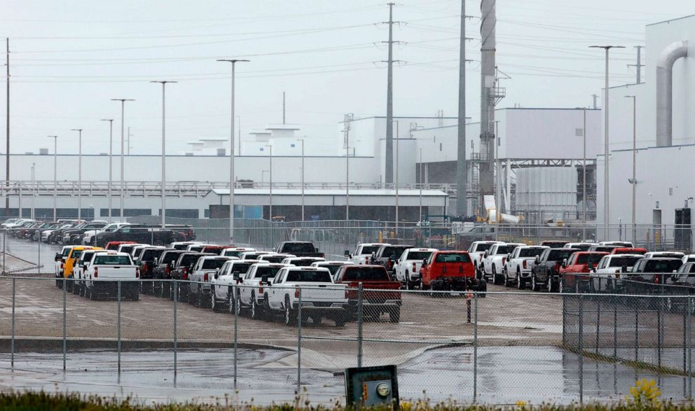 PHOTO: The General Motors Flint Assembly plant is viewed on May 18, 2020 in Flint, Mich., as a gradual ramp-up of plants began following a two-month shutdown due to the coronavirus pandemic.
