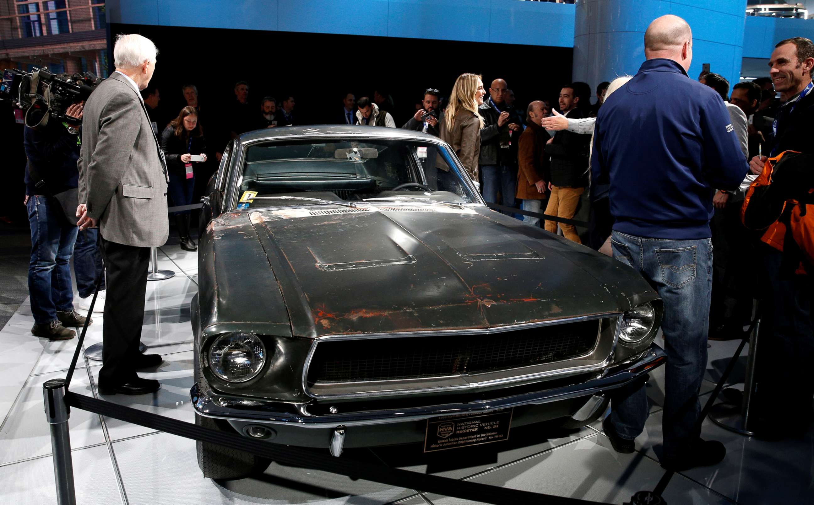 PHOTO: One of the most famed cars from American cinema, the 1968 Ford Mustang, used in the car chase scene in the Steve McQueen's movie "Bullitt" is presented at the North American International Auto Show in Detroit, Jan. 14, 2018.