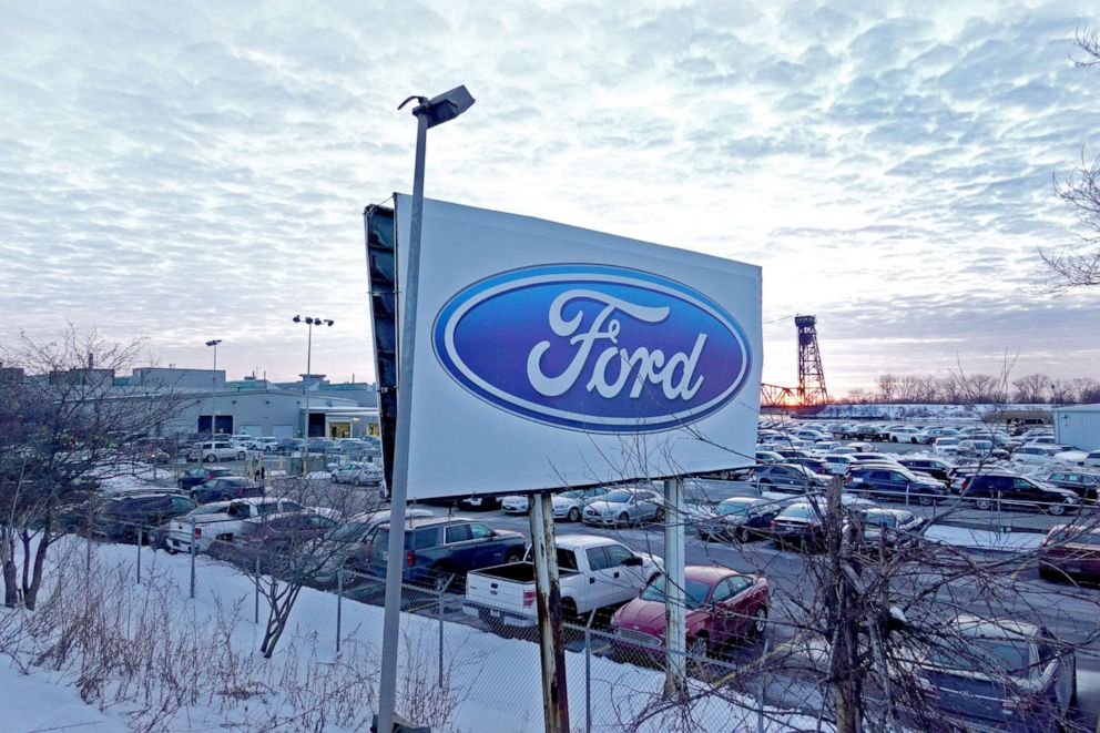 PHOTO: The Ford company logo is displayed on a sign outside of the Chicago Assembly Plant on Feb. 3, 2021 in Chicago. Ford has cut production from three shifts to one as an ongoing microchip shortage continues to take a toll on the auto industry.