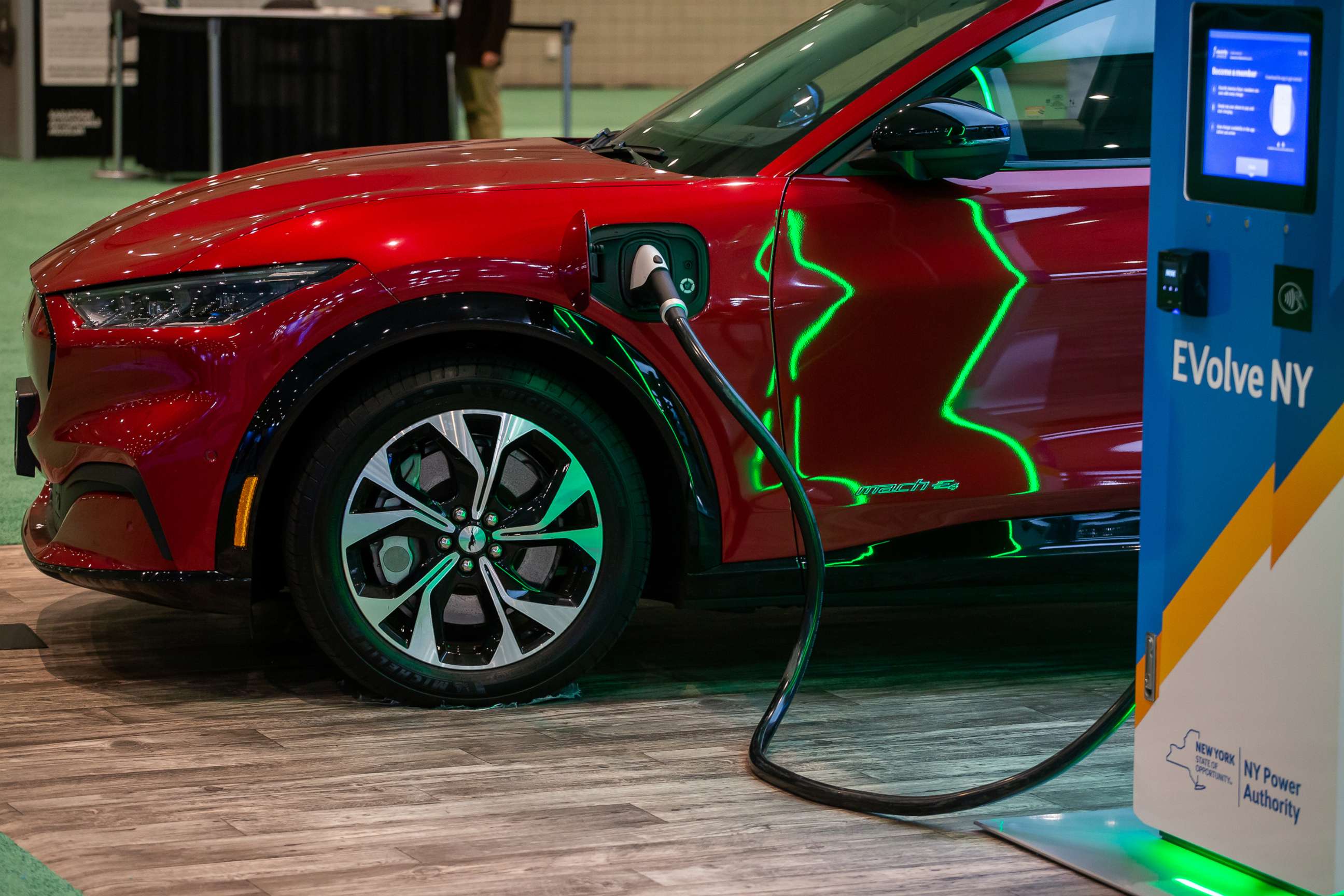 PHOTO: The charging port of a Ford Mustang Mach-E compact sports utility vehicle (SUV) during the 2022 New York International Auto Show  in New York, April 14, 2022. 
