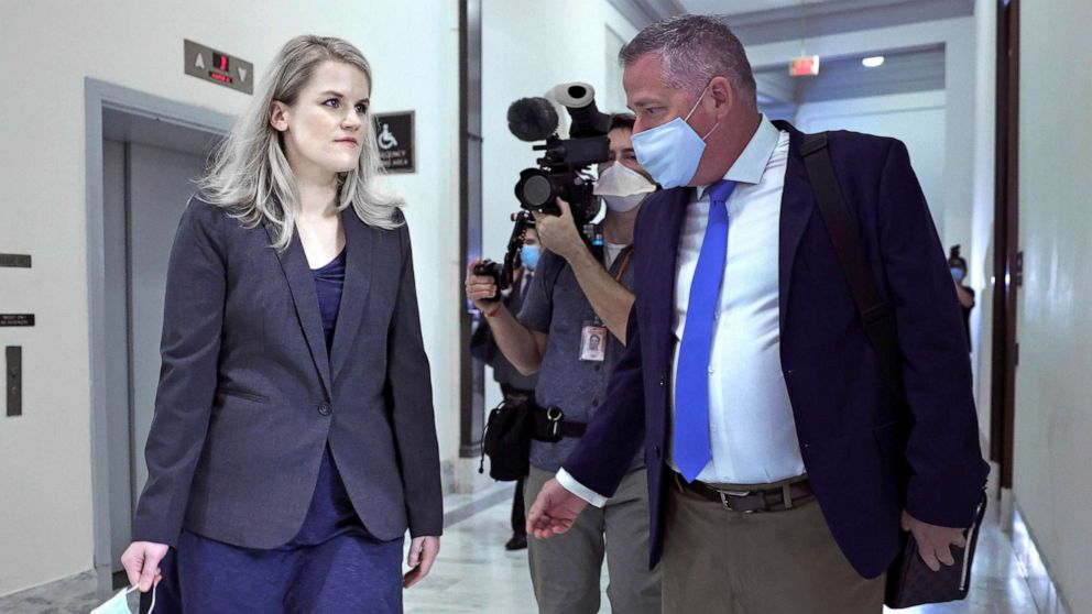 PHOTO: Frances Haugen, former Facebook employee turned whistleblower, arrives to testify before Senate at hearing to examine Facebook's practices, on Capitol Hill on Oct. 5, 2021 in Washington, D.C.