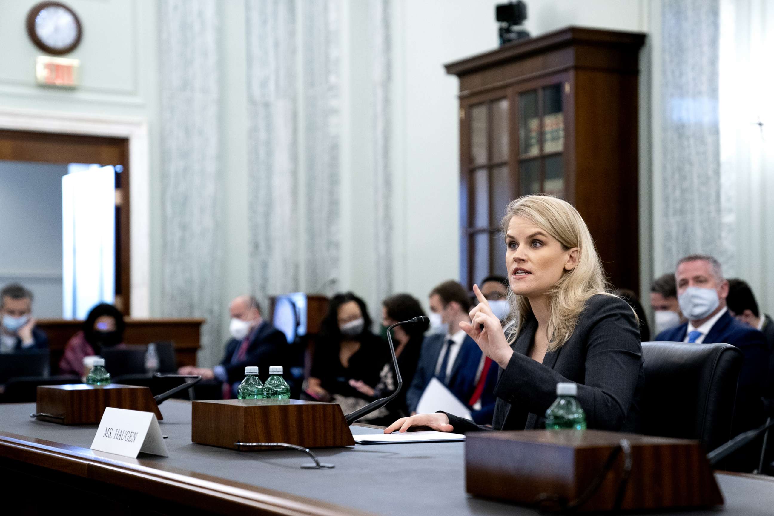PHOTO: Frances Haugen, Facebook whistle-blower, speaks during a Senate Commerce, Science and Transportation Subcommittee hearing in Washington, D.C., Oct. 5, 2021.