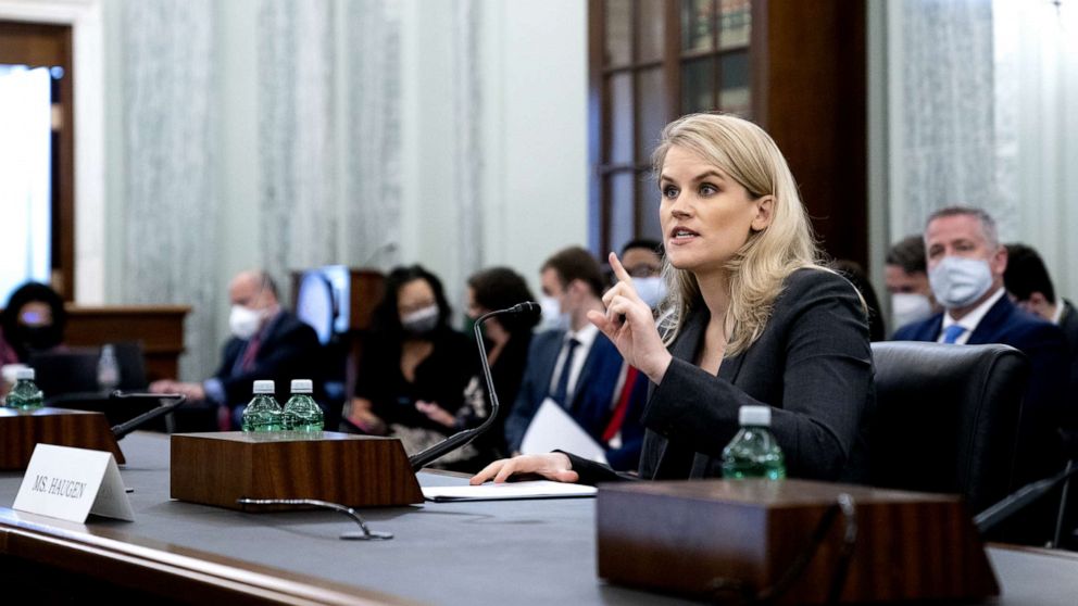 PHOTO: Frances Haugen, Facebook whistle-blower, speaks during a Senate Commerce, Science and Transportation Subcommittee hearing in Washington, D.C., Oct. 5, 2021.