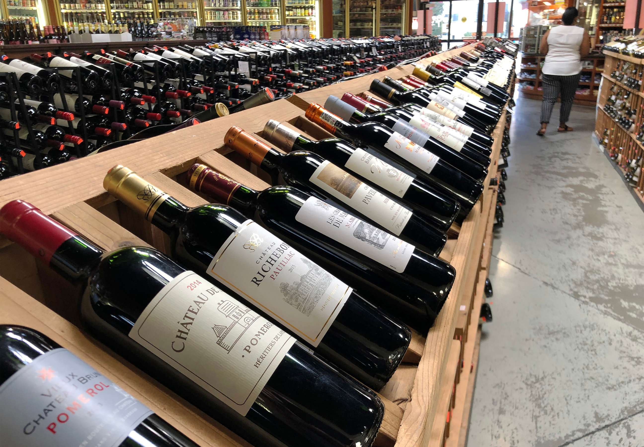 PHOTO: Bottles of French wine are displayed for sale in a liquor store on Oct. 3, 2019 in Los Angeles.