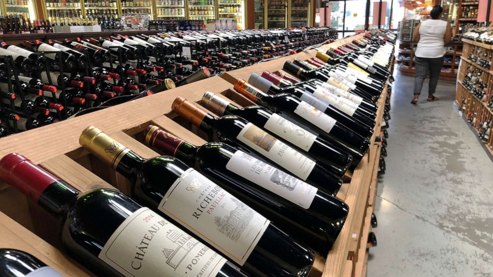 PHOTO: Bottles of French wine are displayed for sale in a liquor store on Oct. 3, 2019 in Los Angeles.