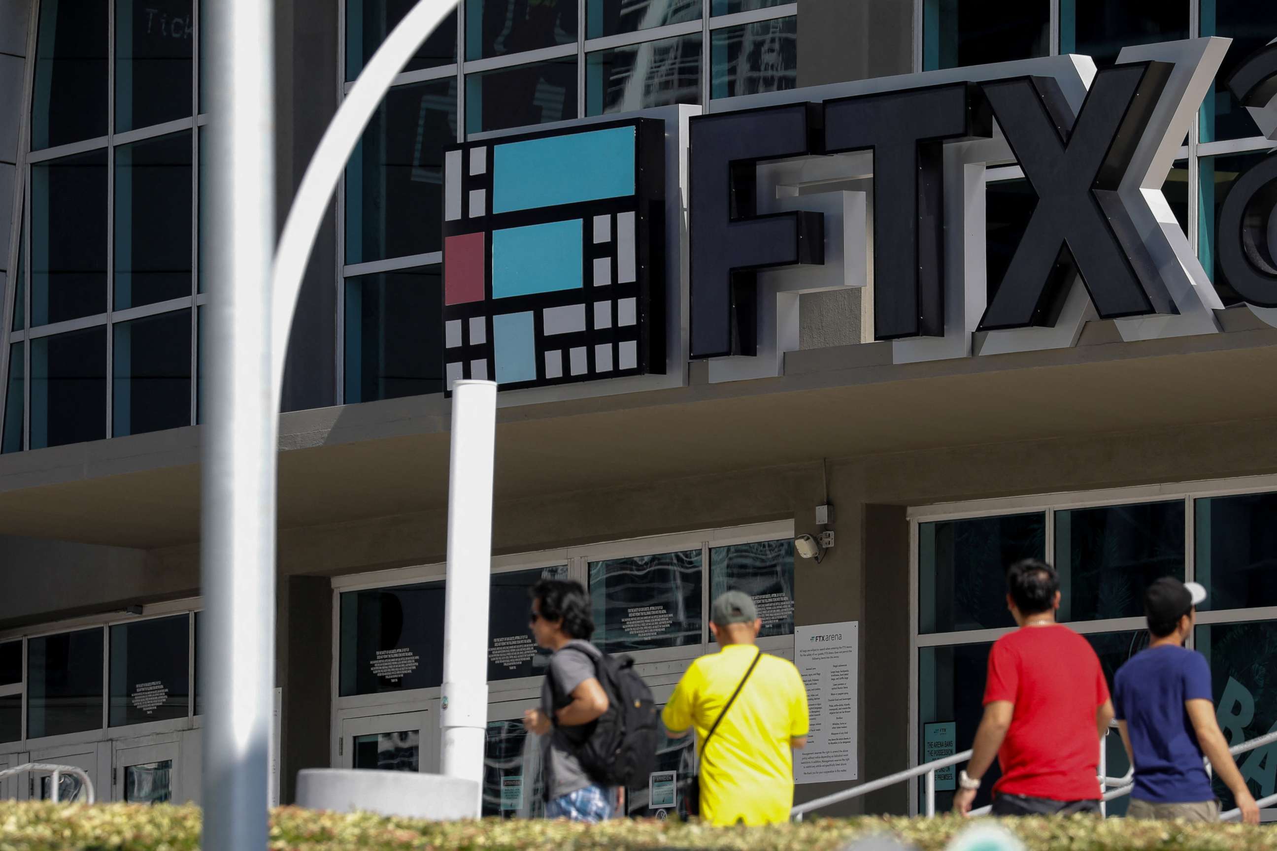 PHOTO: The logo of FTX is seen at the entrance of the FTX Arena in Miami, Nov. 12, 2022.