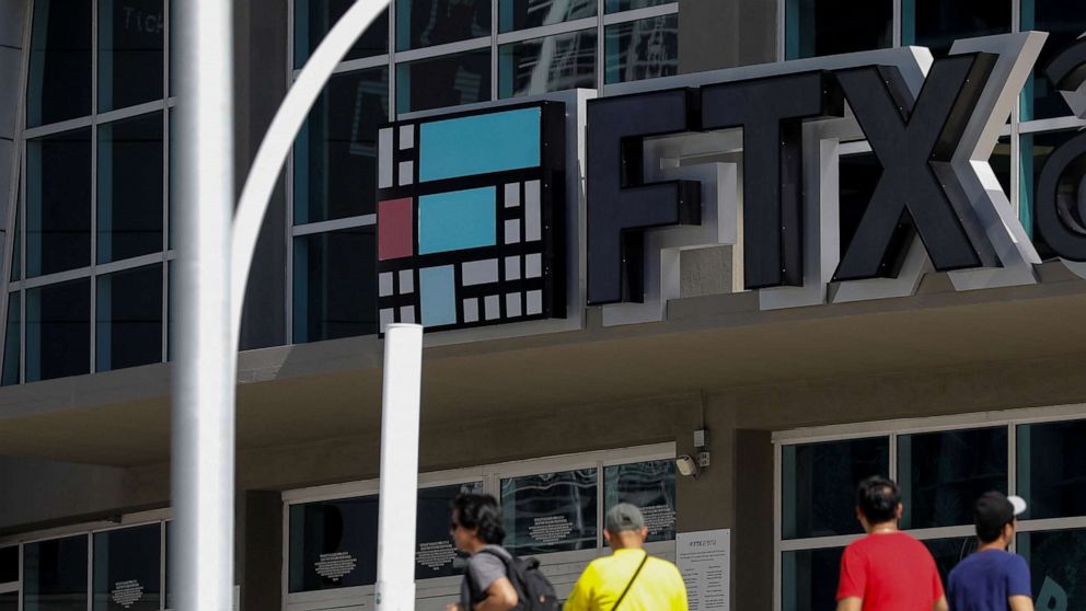 PHOTO: The logo of FTX is seen at the entrance of the FTX Arena in Miami, Nov. 12, 2022.