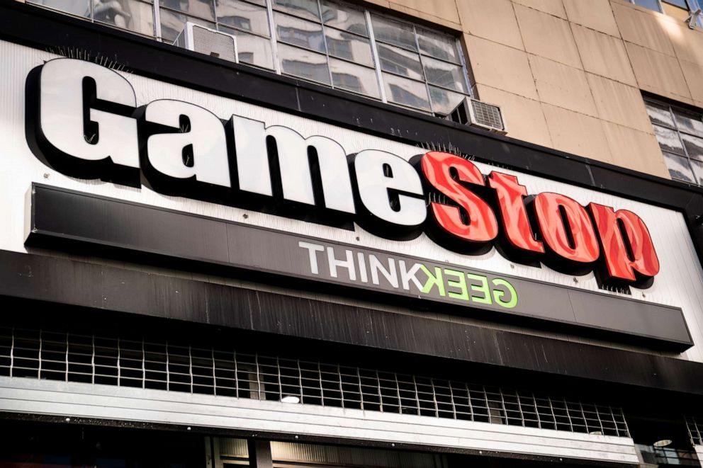 PHOTO: GameStop store logo on 14th Street at Union Square, Jan. 28, 2021, in New York City.