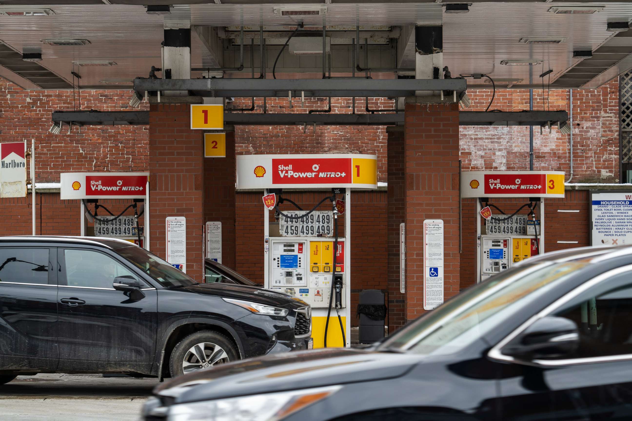 PHOTO: Vehicles refuel at a Shell gas station in Boston, March 1, 2022. 