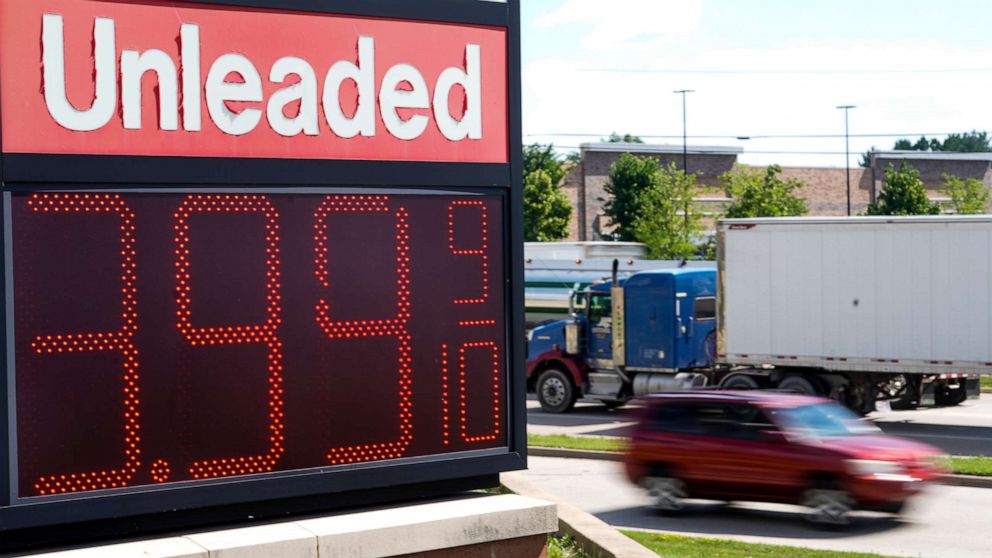 PHOTO: The price of regular unleaded gas is advertised for just under $4 a gallon at a Woodman's, Wednesday, July 20, 2022, in Menomonie Falls, Wis.