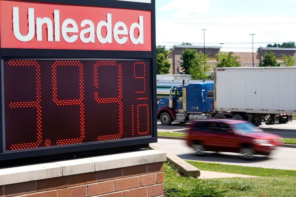 PHOTO: In this July 20, 2022, file photo, the price of regular unleaded gas is advertised for just under $4 a gallon at a Woodman's, in Menomonie Falls, Wis.