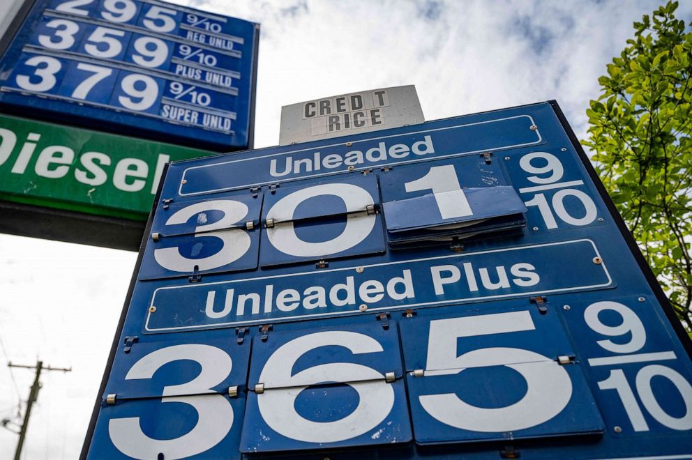 PHOTO: A sign shows the gas prices at a station in Annapolis, Md., May 12, 2021.