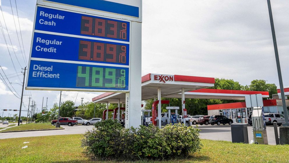 PHOTO: Gas prices are displayed at an Exxon gas station on July 29, 2022 in Houston.