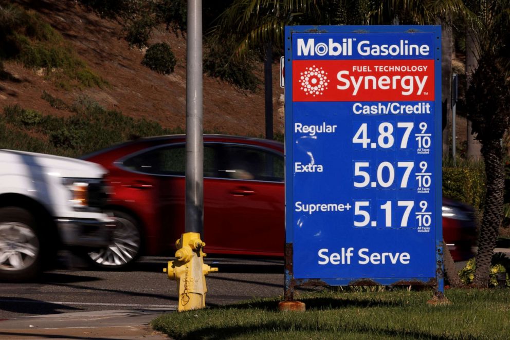 PHOTO: Gas prices grow along with inflation as this sign at a gas station shows in Solana Beach, Calif., Nov. 9, 2021.