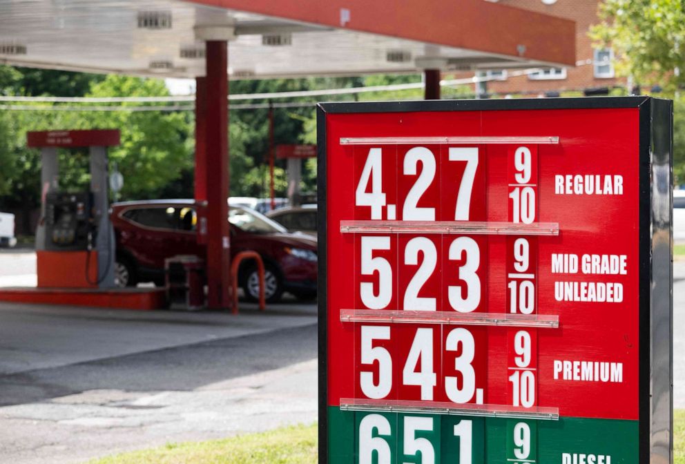 PHOTO: A sign displays gas prices at a gas station in Falls Church, Va., July 19, 2022.