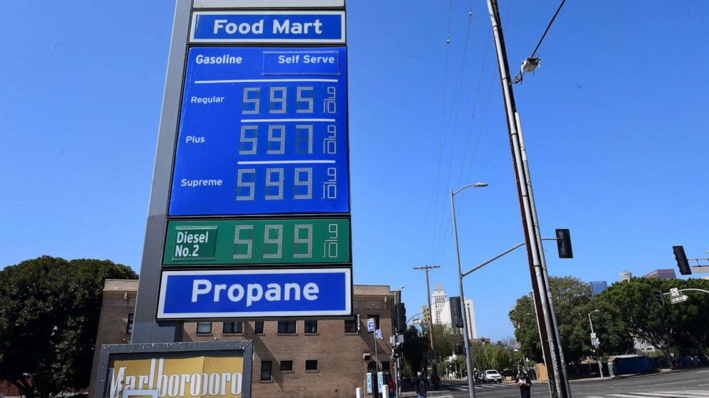 PHOTO: High gas prices are posted on a signboard at a gas station in downtown Los Angeles, June 22, 2021.
