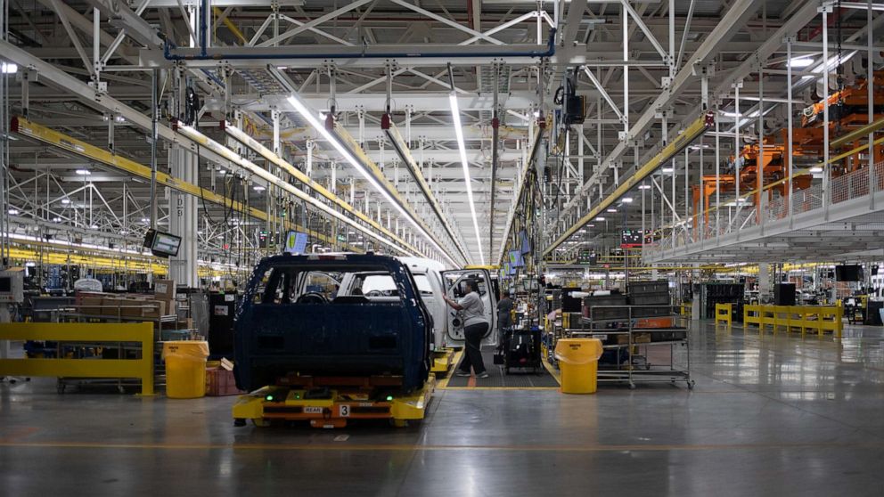 PHOTO: The Ford F-150 Lightning production line at the Ford Motor Co. Rouge Electric Vehicle Center (REVC) in Dearborn, Mich., Sept. 8, 2022.