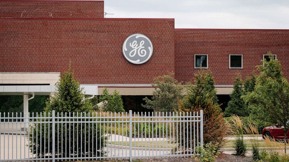 PHOTO: A logo is displayed outside of a GE Aviation, a subsidiary of General Electric Co., facility in Cincinnati, July 16, 2020.
