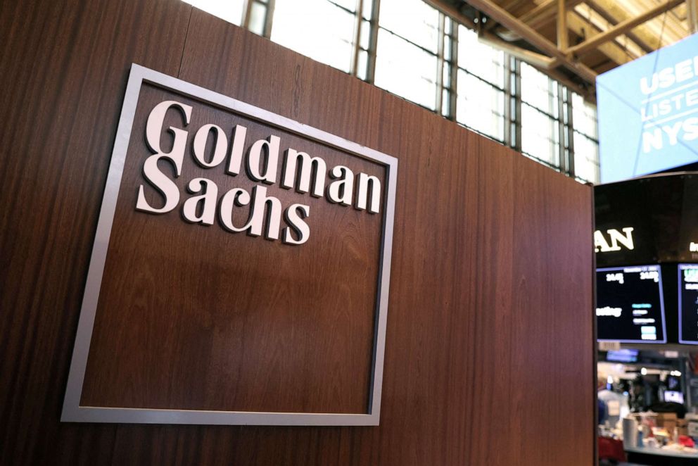 PHOTO: The logo for Goldman Sachs is seen on the trading floor at the New York Stock Exchange (NYSE) in New York, Nov. 17, 2021. 