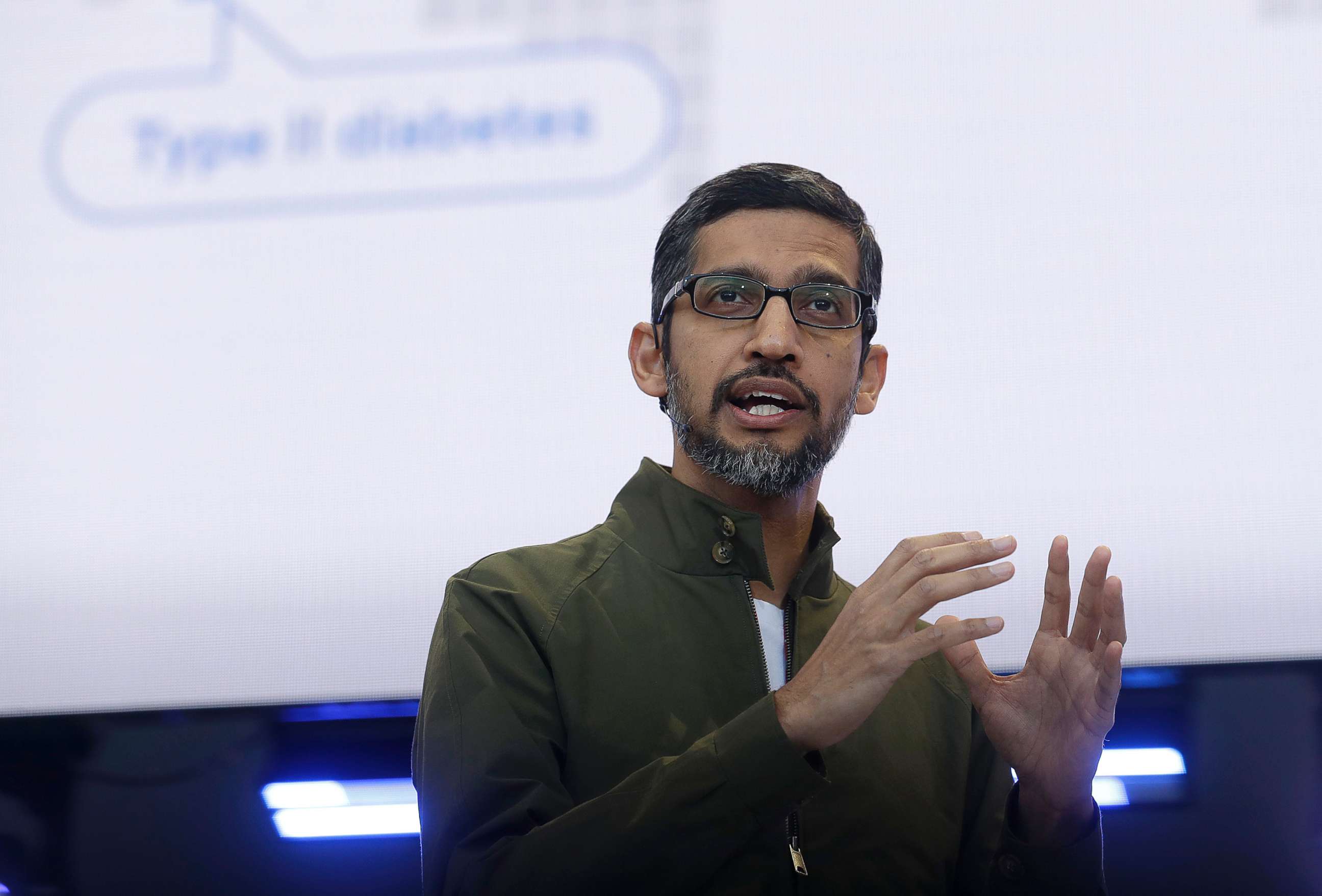 PHOTO: Google CEO Sundar Pichai speaks at the Google I/O conference in Mountain View, Calif., May 8, 2018.