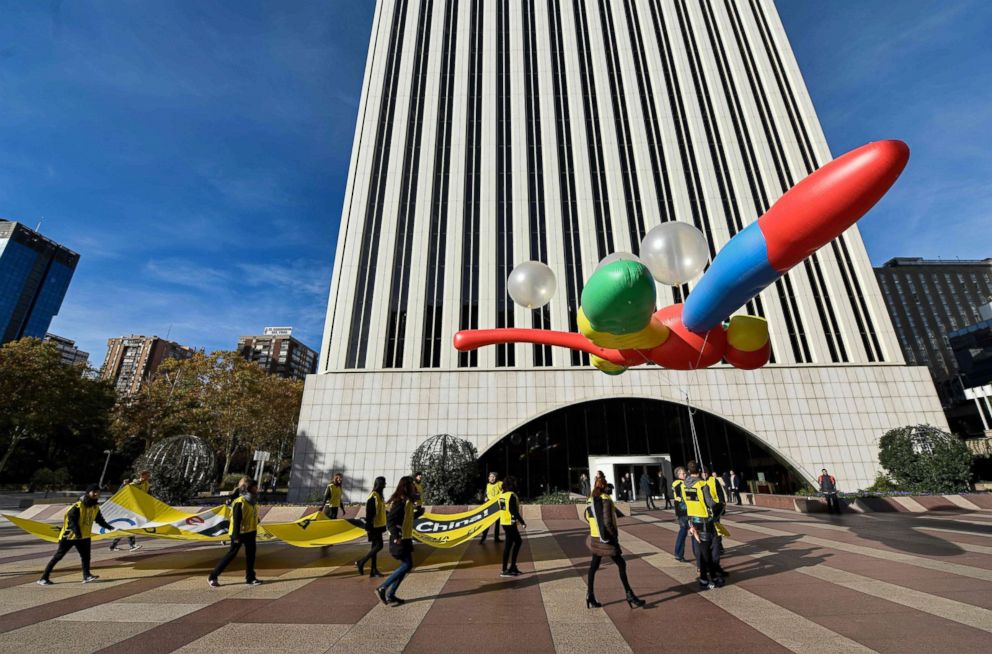 PHOTO: Amnesty International activists hold a giant dragonfly-shaped balloon with a banner reading "Google, do not censor in China, no to the Dragonfly project" during a protest outside the Google headquarters in Madrid, Nov. 27, 2018.