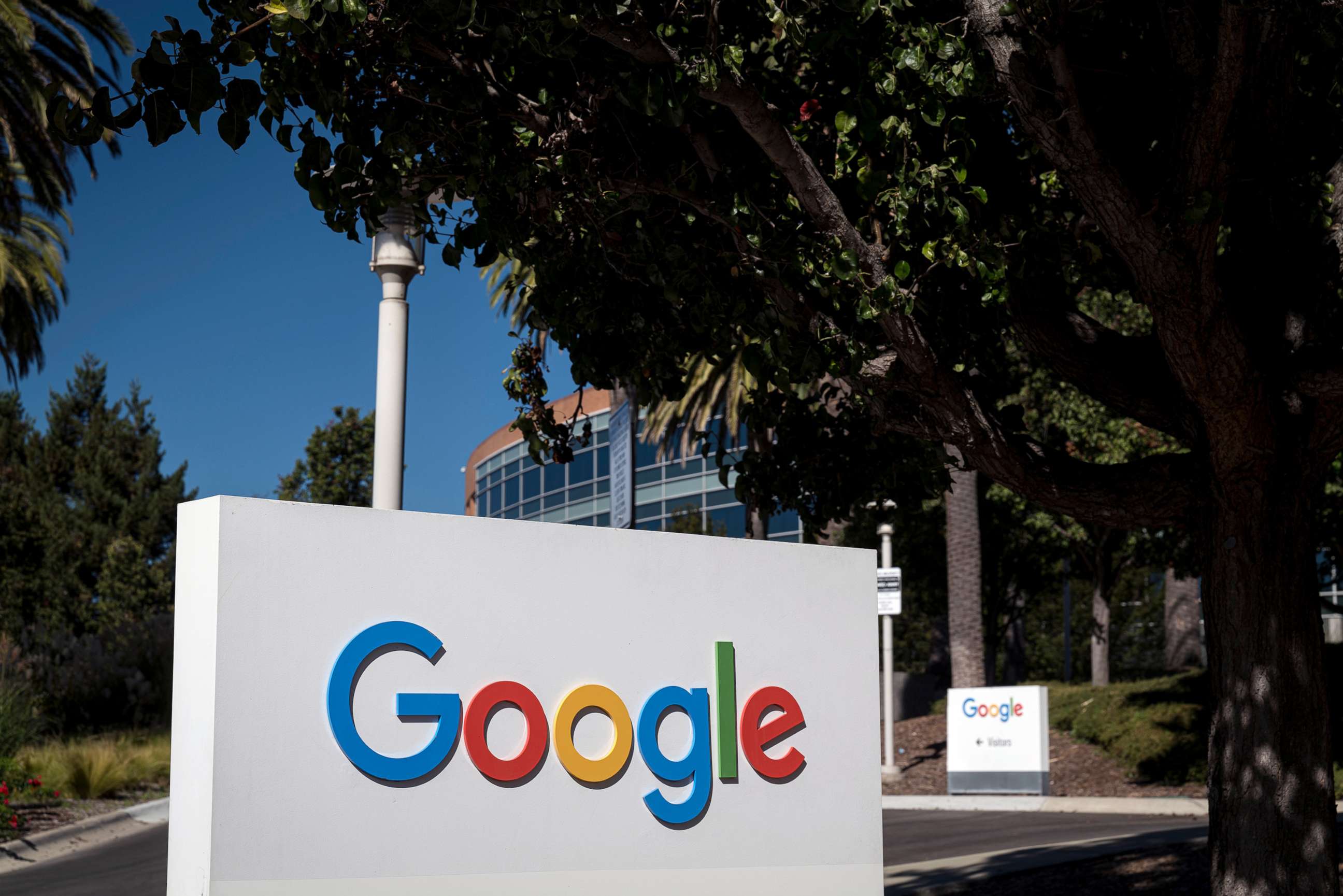 PHOTO: Signage is displayed in front of a building on the Google campus in Mountain View, Calif., Oct. 21, 2020.