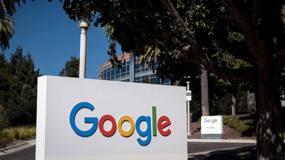 PHOTO: Signage is displayed in front of a building on the Google campus in Mountain View, Calif., Oct. 21, 2020.