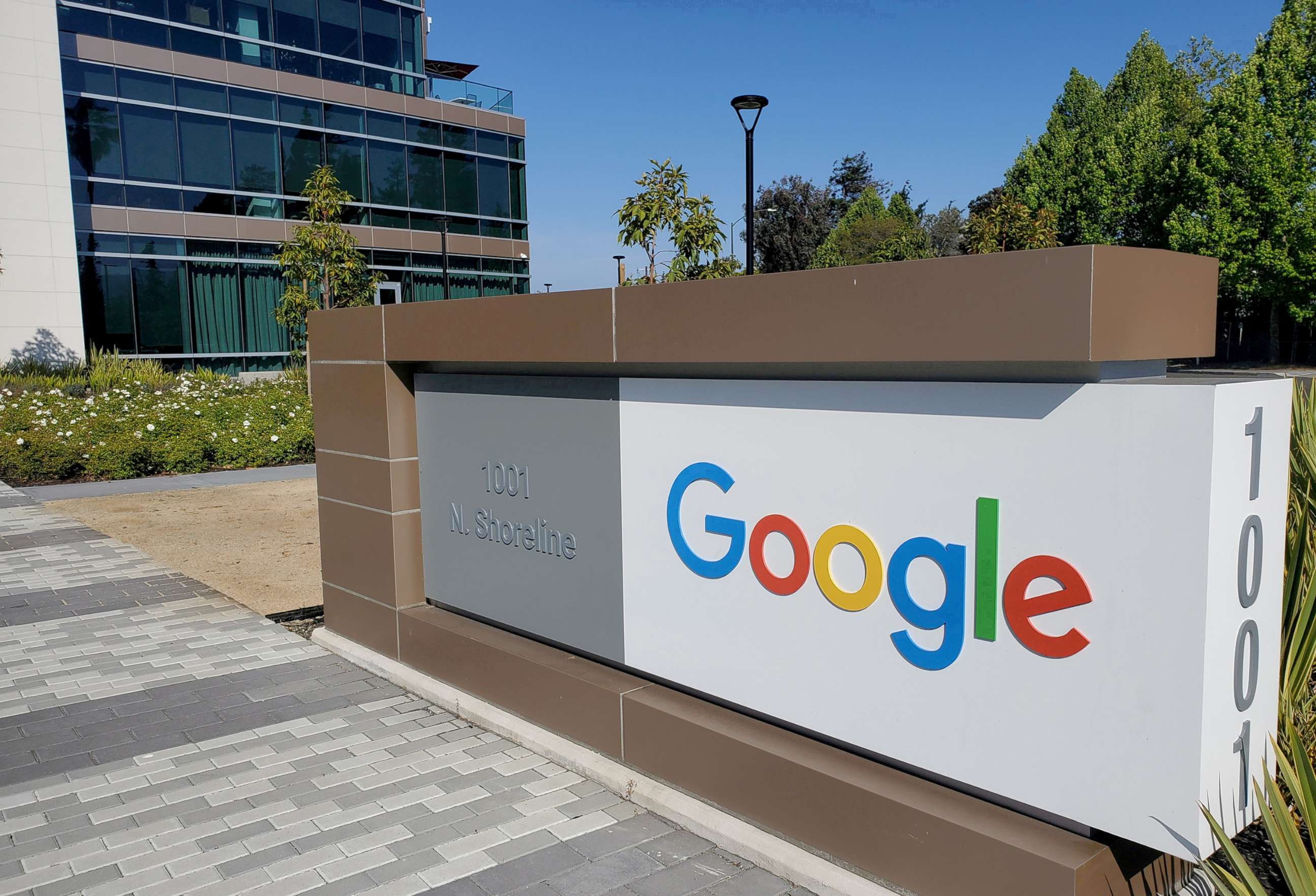 PHOTO: In this  May 8, 2019 file photo a sign is pictured outside a Google office near the company's headquarters in Mountain View, Calif.