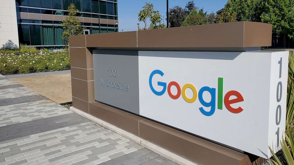 PHOTO: In this  May 8, 2019 file photo a sign is pictured outside a Google office near the company's headquarters in Mountain View, Calif.