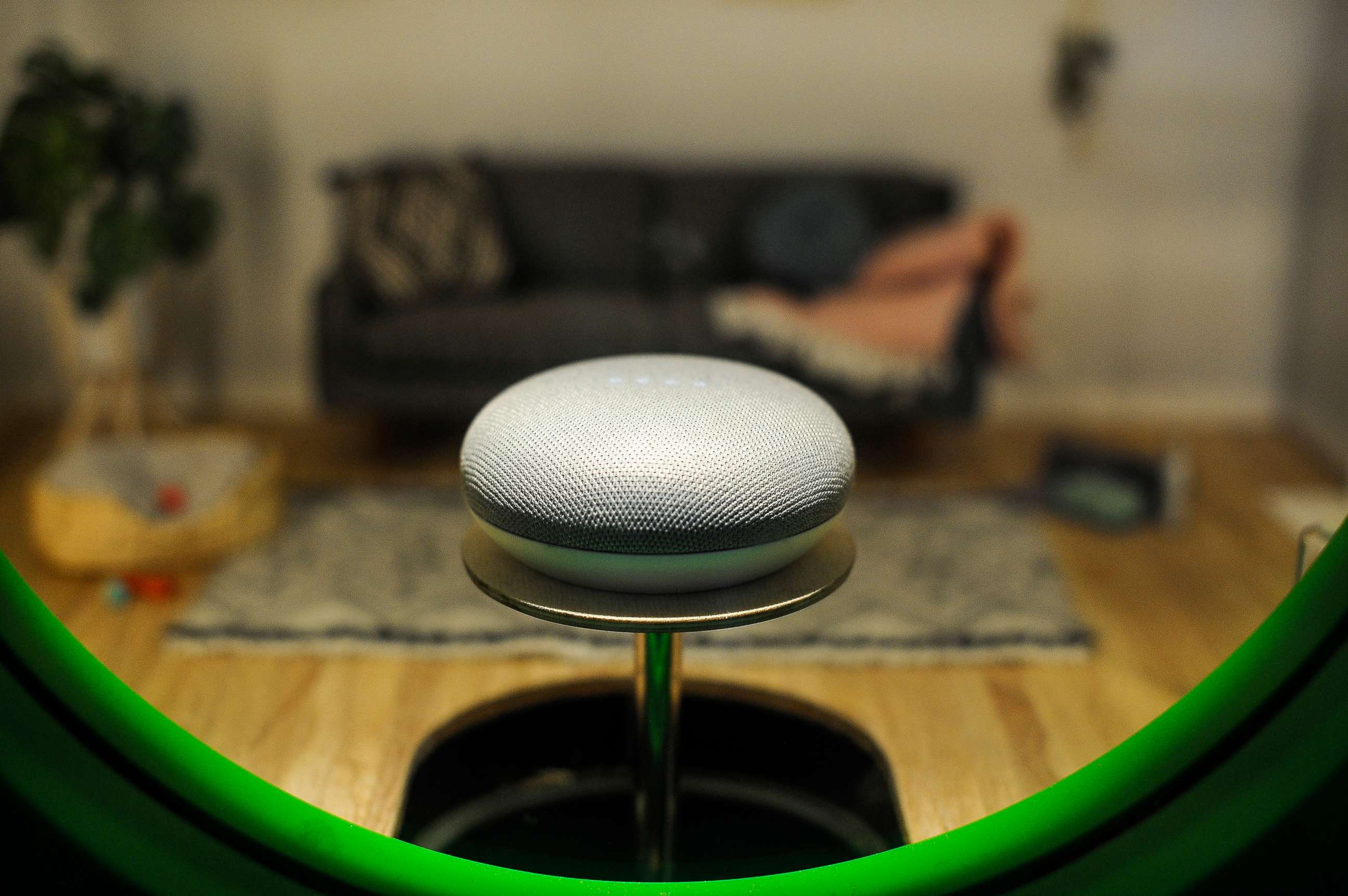PHOTO: Google Home mini assistant, exhibited during the Mobile World Congress, Feb. 27, 2019, in Barcelona, Spain.