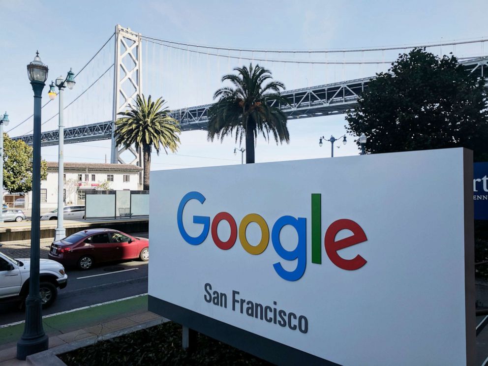 PHOTO: This Oct. 31, 2018, file photo shows signage outside the offices of Google in San Francisco with the San Francisco-Oakland Bay Bridge in the background.