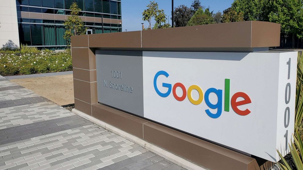 PHOTO: In this May 8, 2019, file photo, a sign is pictured outside a Google office near the company's headquarters in Mountain View, Calif.