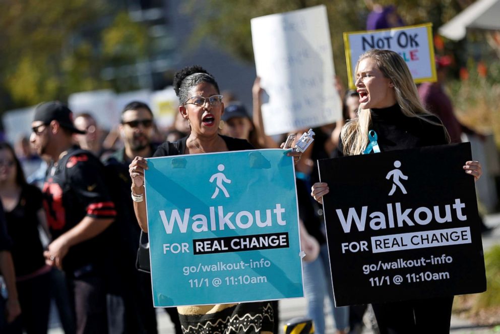 PHOTO: Google employees singing at a womens walkout at the Googleplex offices in protest over the company's handling of a sexual misconduct in the Mountain View, Calif., Nov. 1, 2018.