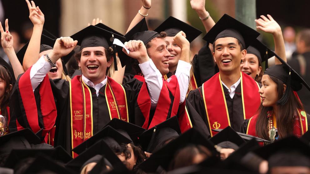 Graduates celebrate after receiving their diplomas during the USC Annenberg commencement ceremony in Los Angeles, May 15, 2026. USC commencement ceremony