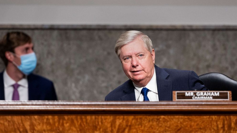 PHOTO: Sen. Lindsey Graham takes his seat before a Senate Judiciary Committee hearing on Facebook and Twitter's actions around the closely contested election, Nov. 17, 2020, in Washington, D.C.
